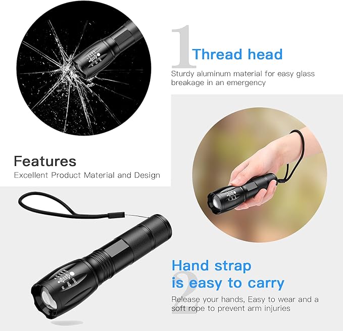 LED Tactical Flashlight S1000, Handheld Flashlights 5 Modes, Zoomable, Water Resistant Camping Outdoor Hiking Flashlights Emergency (Batteries Not Included), Black