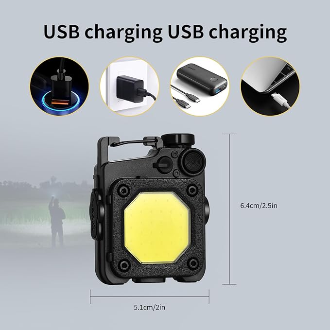 Cob Keychain Flashlight, 6 Light Modes 1500 Lumen, 2Pcs Mini Keychain Work Light, Small Flashlight Rechargeable with Bracket and Screwdriver, Emergency Light for Camping and Hiking