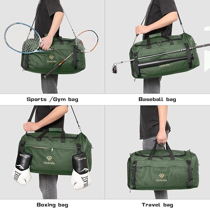 Eackrola Extra Large Sports Gym Bag, Travel Duffel bag with Wet Pocket & Shoes Compartment for men women, 85L, Lightweight (Green)