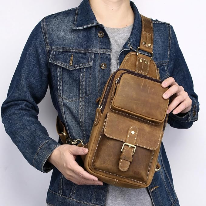KPYWZER Sling Bag Men Women Vintage Full Grain Genuine Leather Shoulder Backpack Satchel Chest Casual Daypack Crossbody Outdoor Day Pack Backpacks Brown