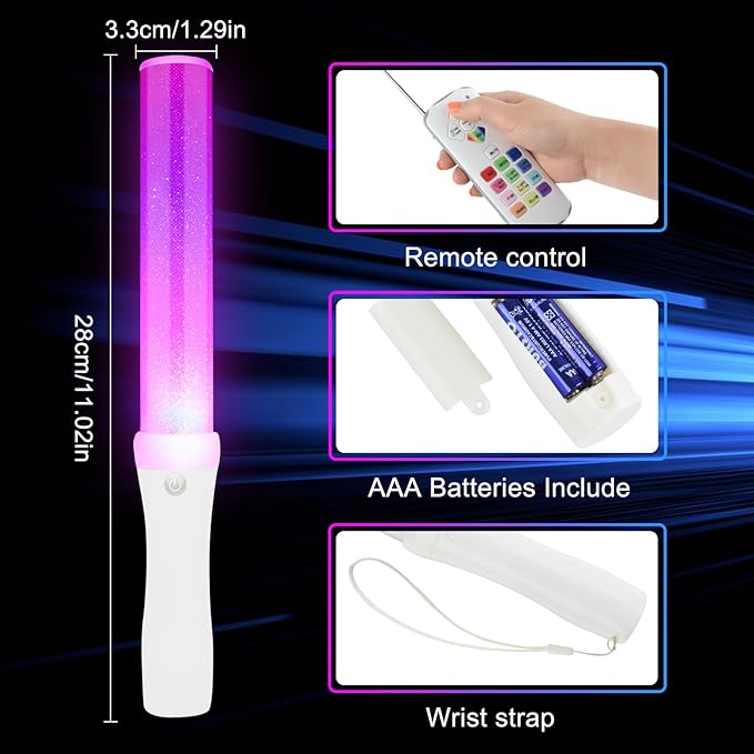 12PCS Glow Sticks Bulk, LED Light Stick with Remote Control, 3 Flashing Modes, 13 Changeable Colors, Batteries Included - Ideal for Wedding, Raves, Concerts, Parties, Camping and Sporting Events