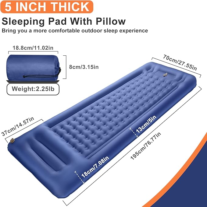 Sleeping Pad for Camping 5 Inch Ultra-Thickness Inflatable Camping Sleeping Pad with Pillow Built-in Pump,27.55" W Camping Air Mattress for Backpacking Hiking,Traveling,Tent,Home