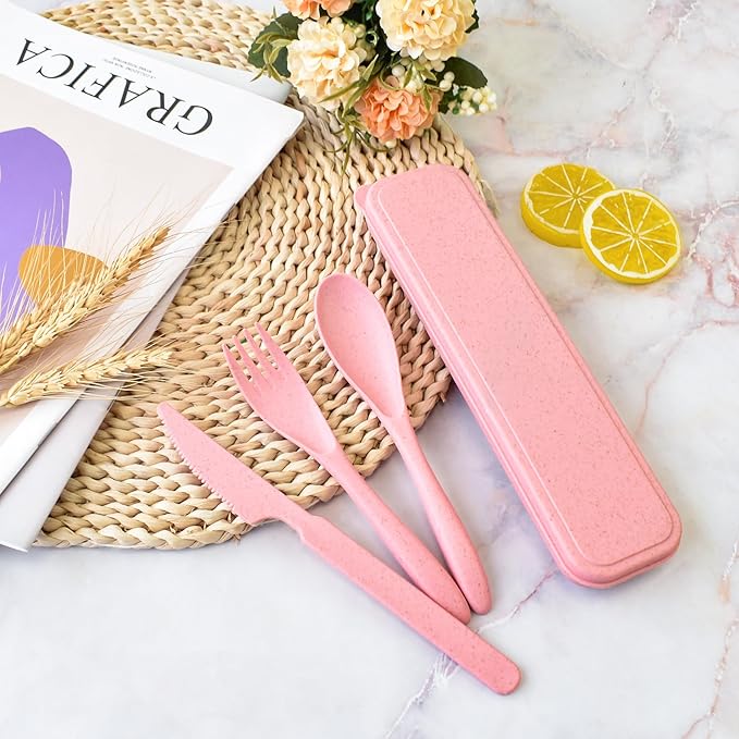 1 PCS Reusable Utensils Set with Case, Camping Utensils Plastic Spoons and Forks Sets for Lunch Box Accessories, Portable Cutlery Set for Kids Adults Travel Picnic Office Lunch Daily Use(Pink)