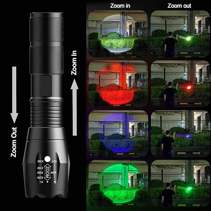 Red Flashlight Rechargeable 2 Pack, LED Green Light Flashlight, Blue Light Flashlights, 4 in 1 White Light, Red Light, Blue Lights and Green Lights, 4 Modes, Waterproof Zoomable Flash Light