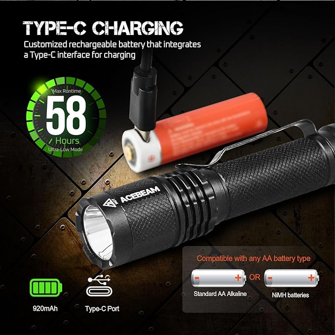 ACEBEAM TAC AA Tactical EDC Flashlight, 750 High Lumens Flashlight Rechargeable, 200 Meters Long Throw Pocket LED Flashlight, Super Bright Small Mini Flashlight, 519A-V1 LED 90+ High CRI Flash Light