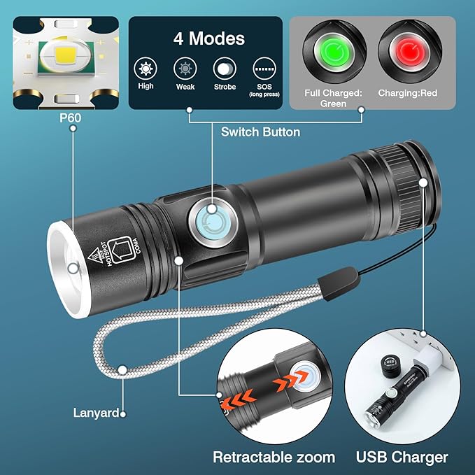 NAKCNM 2 Pack USB Rechargeable Flashlights Mini Handheld Pocket Super Bright Small Flashlight EDC Flashlights for Camping, Hiking, Emergency