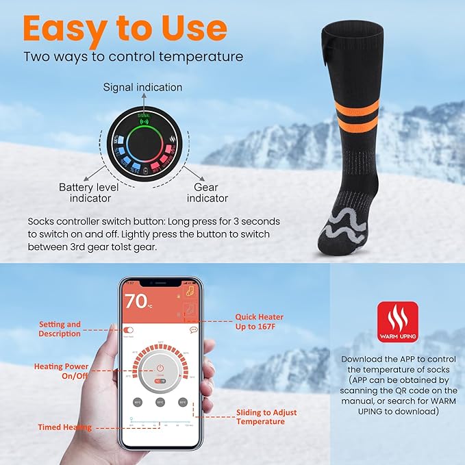 Heated Socks for Men Women,7.4V 3000mAh Rechargeable Heated Socks with APP Control Washable Electric Heating Socks Feet Warmer for Winter Outdoor Sports Hunting Skiing Camping (Orange Black-M)