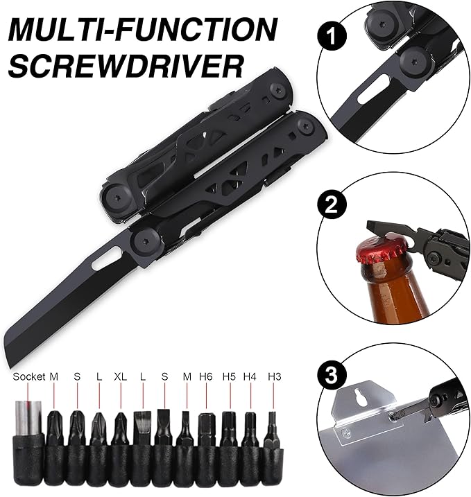 32-in-1 Wingman Multitool with Spring-Action Pliers and Scissors.Premium Replaceable screwdriver head and Wire Cutters Saw.Wave+ Stainless steel multi tools with Nylon sheath(Black)