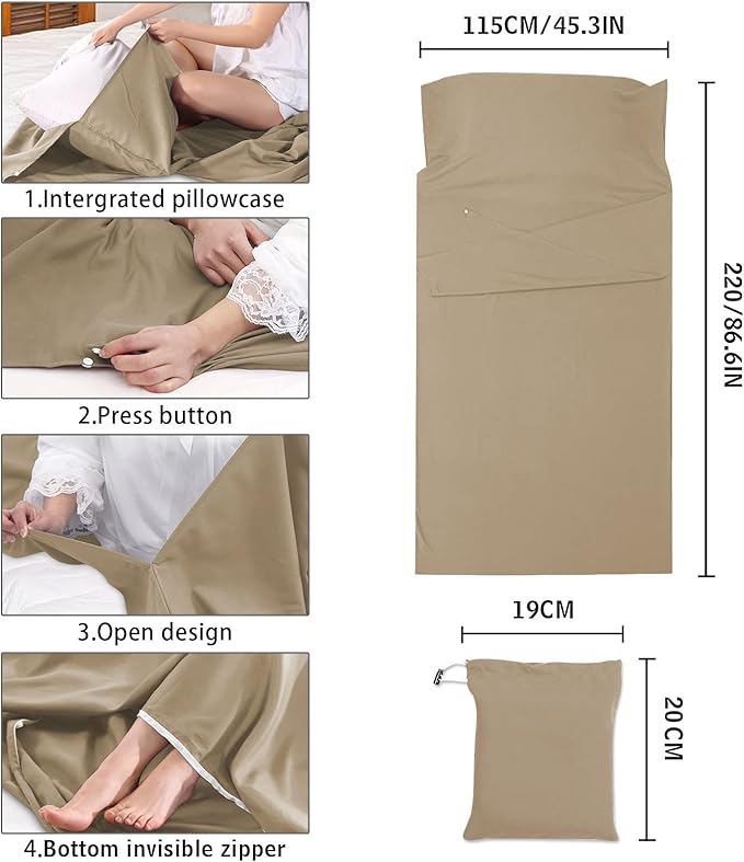 Sheet Sleeping Bag, Lightweight Travel Sheet 210 x 115 cm, Sheet Sleeping Bag with Zipper, Sleeping Bag Liner Polyester for Backpacking Hotel& Hiking