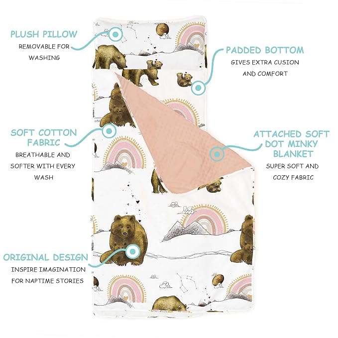 JumpOff Jo - Extra Long Toddler Nap Mat for Preschool, Daycare and Kindergarten - Sleeping Bag for Kids with Removable Pillow and Ultra Soft Blanket - Rainbow Bears