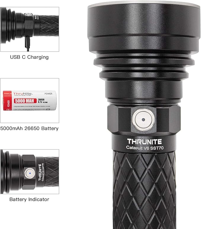 ThruNite Catapult V6 SST70 LED Rechargeable Flashlight, 756 Yard Throw, 2836 High Lumens Bright Searchlight, Long Beam Distance Flashlight for Hiking, Camping, and Hunting, Black, Cool White - CW