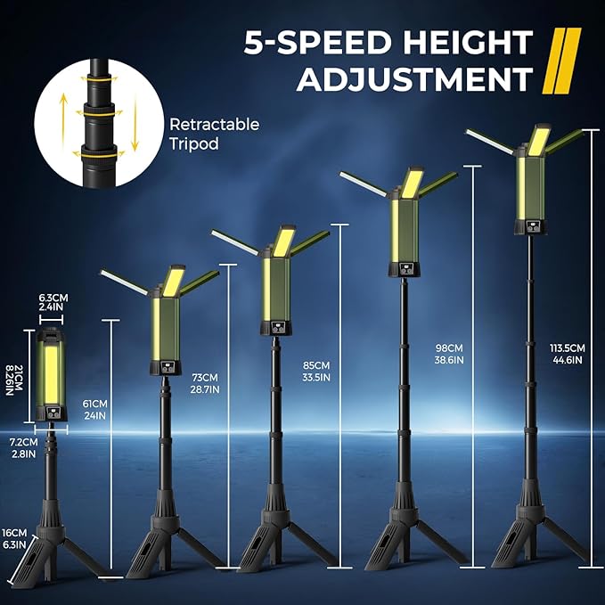 Rechargeable Camping Light with Stand, Outdoor LED Cordless Work Light, Portable Telescopic Bracket, 6AH Battery 500/1000/2000 Lumen, 3500K/4500K/6500K, Construction Lights