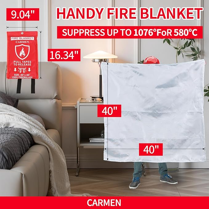 Carmen Emergency Fire Blanket for Home and Kitchen Flame Suppression Fiberglass Fire Blankets for House Camping Car Office Warehouse Emergency Survival Safety (2-Pack)