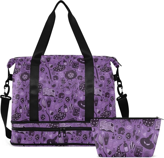 Halloween Witch Sports Gym Bag with Waterproof Dry Wet Pocket, Travel Duffel Bag for Women Men,Workout Bag Fits Yoga, Swimming