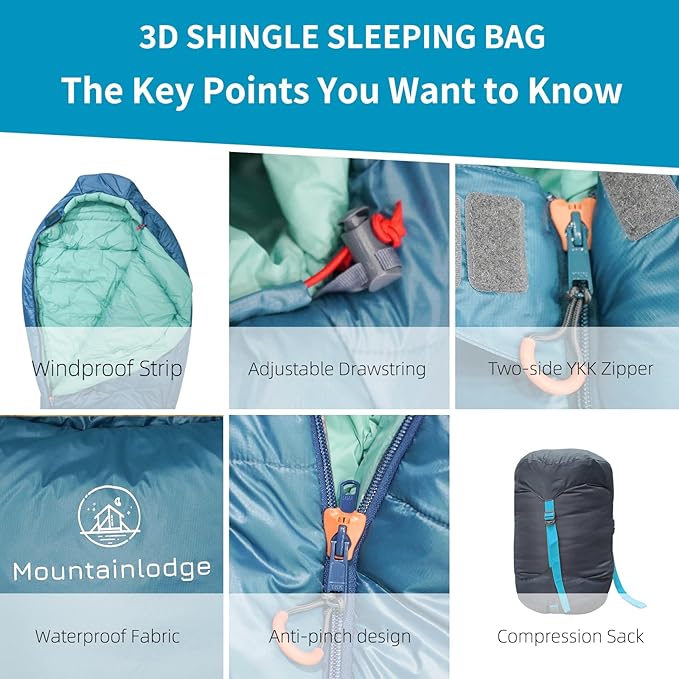 3-4 Seasons Cyan Two-Layer Shingle Sleeping Bag with Inner Pocket for Adult,Perfect for Backpacking,Traveling and Hiking,Including Free Compression Stuff Sack