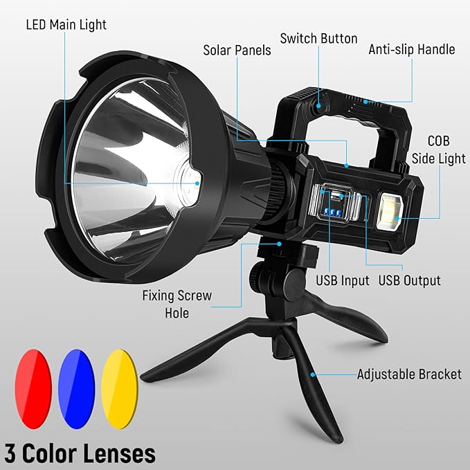 Rechargeable Spotlight, Handheld Super Bright Flashlight 1000000 High Lumens with Foldable Tripod,6 Modes and 4 Colors, Waterproof IPX6 Searchlight for Camping Fishing Hunting, USB Output