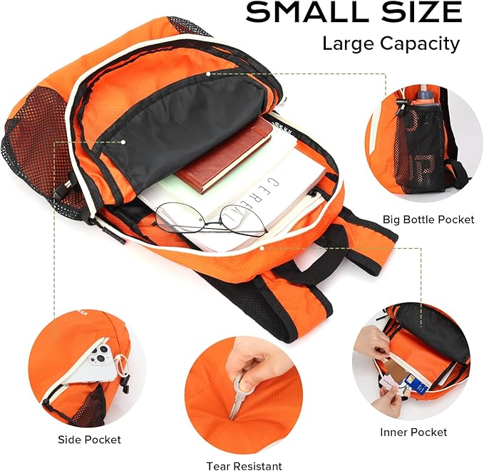 15L Highly Water-resistant Hiking Daypack, Small Backpack Travel Outdoor, Lightweight Day Pack with Tool Loops(Orange)