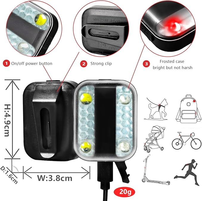 Clip on Running Lights, LED Running Lights 4 Modes Brightness with Red Strobe for Runners Joggers Camping Hiking Walking Outdoor Adventure(Gray)