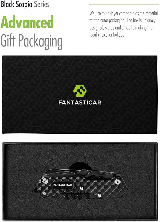 FantastiCAR 15 in 1 Multi-Tool, EDC Folding Pocket Knife with Premium Gift Box for Camping, Fishing, Hunting, Survival, Outdoor (Black)