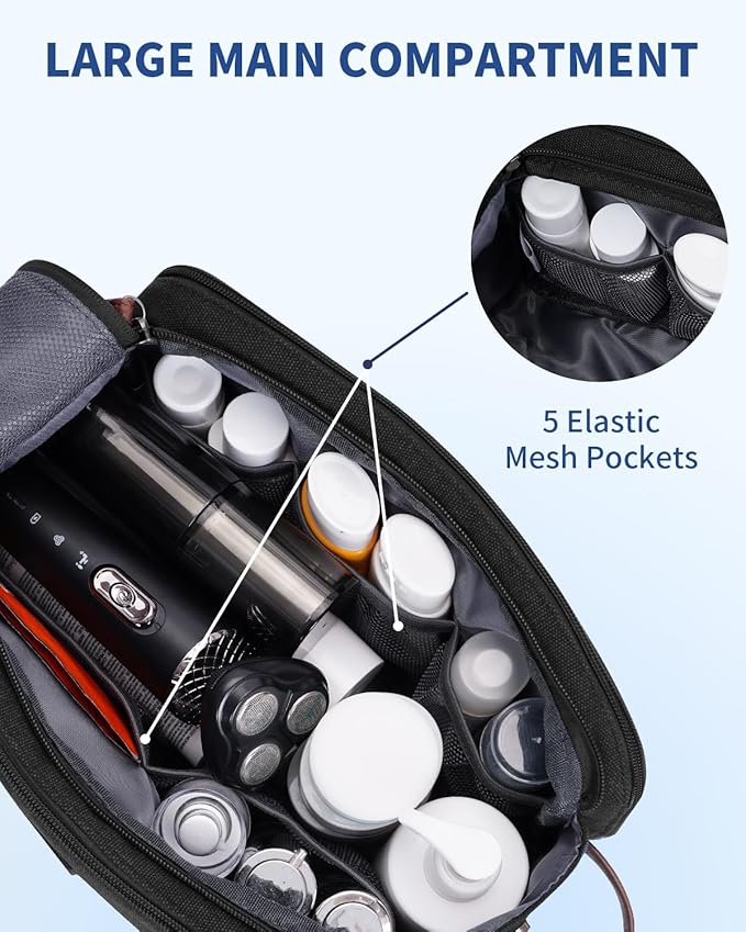 WANDF Toiletry Bag for Men Travel Toiletry Organizer Canvas and Leather Dopp Kit Water-Resistant Shaving Bag for Travel Accessories (Black, Patent Pending)