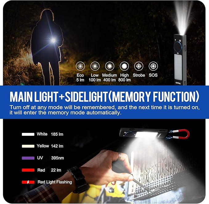 1000LM LED Flashlight Rechargeable EDC IP67 Waterproof Flashlight 12 Modes with Magnetic Buzzer 365nm UV Light Outdoor Camping Light Multi-Function Tactical Flashlight