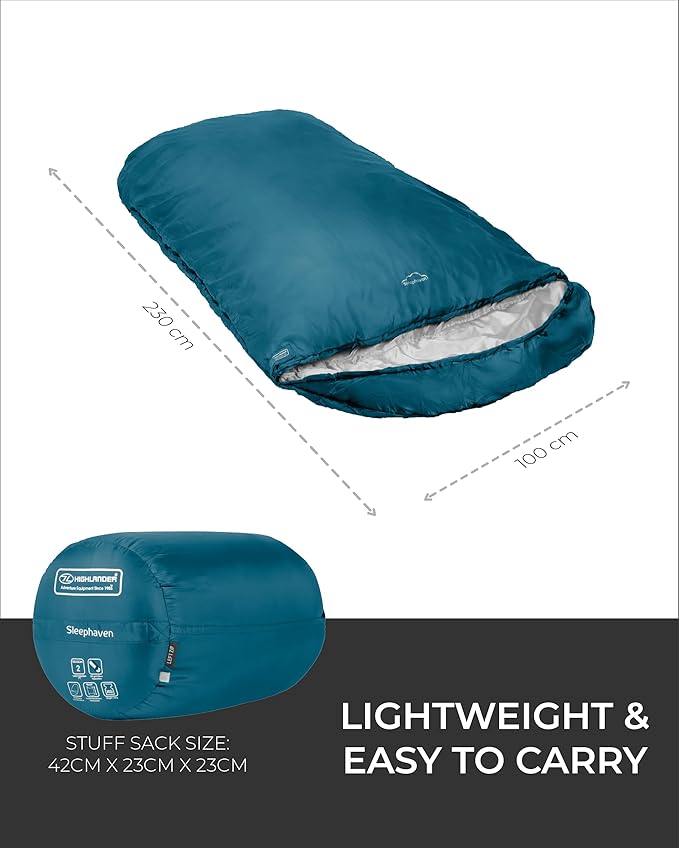 Highlander Sleephaven XL Adult Wide Tall Lightweight 2 Season Sleeping Bag Curved Pod Design - Perfect for Camping, Hiking and Backpacking