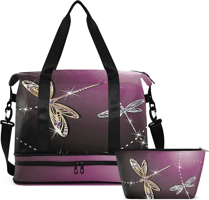 Weekender Bag for Women, Dragonfly Purple Gym Sports Duffle Travel Tote With Toiletry and Swim Bag