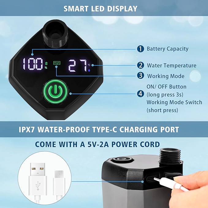 Portable Camping Shower Kit, Rechargeable 6000mAh Electric Outdoor Shower Pump, Upgrade High Pressure Shower Head Nozzle with Filter for Travel, Hiking, Car Washing, Pet Bath, Plant Watering