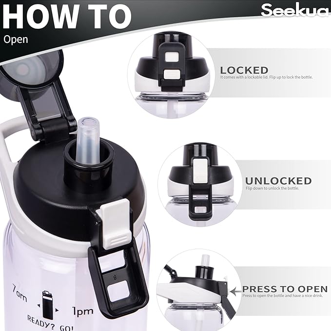 32 oz Sports Glass Water Bottle with Straw and Time Marker, Large Resuable Motivational Glass Drinking Bottle for Infused Water, Fruit, Smoothie, Coffee