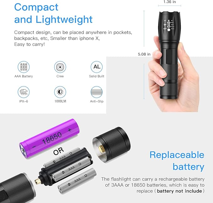 LED Tactical Flashlight S1000, Handheld Flashlights 5 Modes, Zoomable, Water Resistant Camping Outdoor Hiking Flashlights Emergency (Batteries Not Included), Black