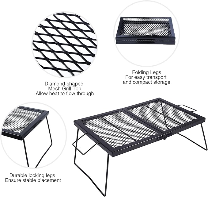 REDCAMP Folding Campfire Grill Heavy Duty Steel Grate, Portable Over Fire Camp Grill for Outdoor Open Flame Cooking Large