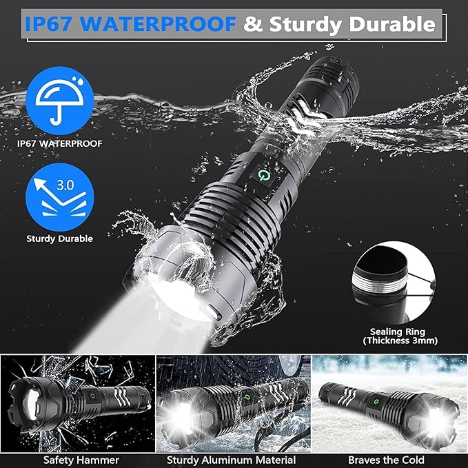 Flashlights High Lumens Rechargeable - 990000 Lumens Super Bright LED Flashlight with 5 Modes, Max 10 Hours Runtime, IP67 Waterproof Flash Light for Camping, Hiking, Fishing