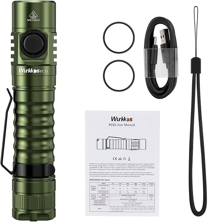 Wurkkos FC11 Rechargeable LED Flashlights Max 1300Lumen High 90CRI EDC Flash Light USB C Charge,IP67 Waterproof Torch, Magnetic Tailcap, Great for Dog Walking Home use Emergency(Green-4000K)