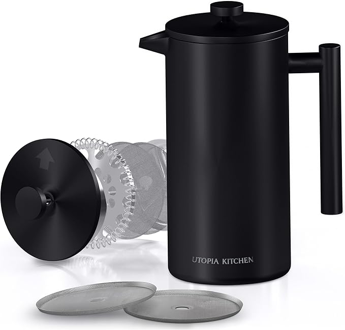 Utopia Kitchen Stainless Steel French Press Coffee Maker 21 Oz, French Press Tea Maker, Cold Brew Portable Travel Coffee Presses, Tea Press Gifts Black