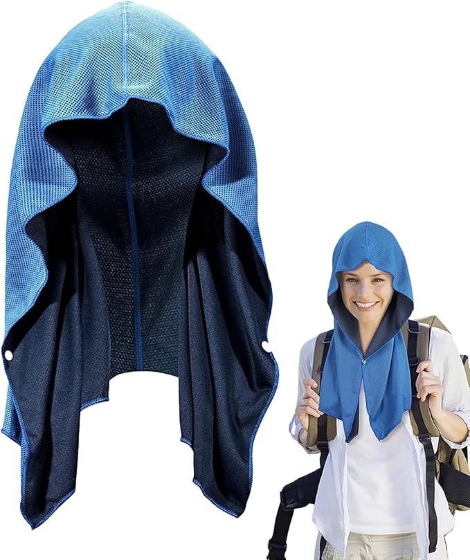 EMVANV Cooling Hoodie Towel,UV Sun Protection Breathable Soft Instant Cool Quick Dry Sweat Towel for Sport Workout Camping Cycling for Hot Weather(Light Blue)