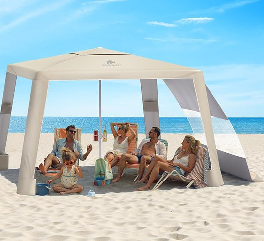 Rhino Valley Beach Cabana, 8 × 8FT Foldable Beach Tent with Cup Holder, Beach Canopy Easy Setup with UPF50+ Protection, Windproof Stable Beach Tent, Portable Beach Cabana Tent for Beach Camping