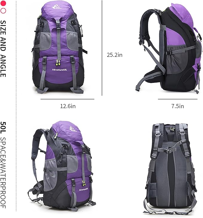 Bseash 50L Hiking Backpack, Water Resistant Lightweight Outdoor Sport Daypack Travel Bag for Camping Climbing Touring (Purple - No Shoe Compartment)