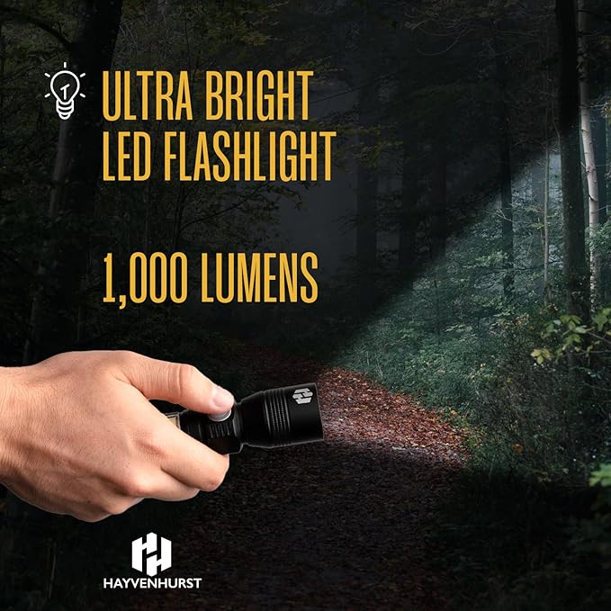Hayvenhurst LED Flashlight - EDC Flashlight - Tactical Flashlight - 3 in 1 Lightweight, Compact and Rechargeable Pocket Flashlight with Lavish Black Body for Emergency Power Outage