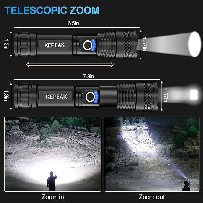 KEPEAK Flashlight, Rechargeable 5000 High Lumen Tactical Handheld Waterproof Zoomable LED Flashlight with 5 Light Modes for Emergency, Camping and Hiking
