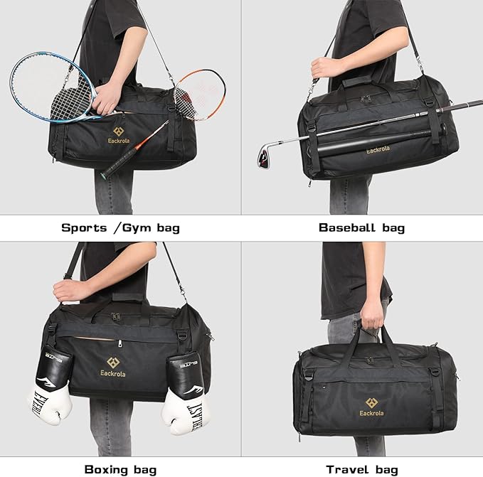 Eackrola Extra Large Sports Gym Bag, Travel Duffel bag with Wet Pocket & Shoes Compartment for men women, 85L, Lightweight (Black)
