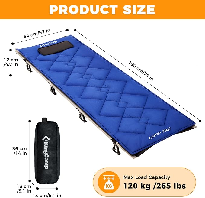 KingCamp Folding Camping Cots, Foldable 265lbs Heavy Duty Portable Ultralight Lightweight Sleeping Bed with Mattress Pad Pillow for Adults Outdoor Backpacking Travel Hiking, Black