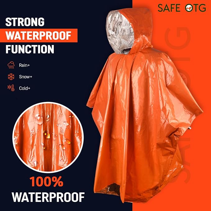 Emergency Survival Rain Poncho 4 pack Thermal Mylar Space Blanket Orange Life Ponchos Blankets with Hood Waterproof for Adults Car Outdoor Activities Hiking Camping Gear Equipment and Supplies