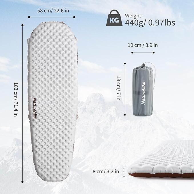 Naturehike 0.97LB Ultralight Self Inflating Sleeping Pad, Patchworkable Sleeping Mat with 5.8 R-Value for Camping, Hiking, Climbing with Inflatable Bag, Grey Mummy