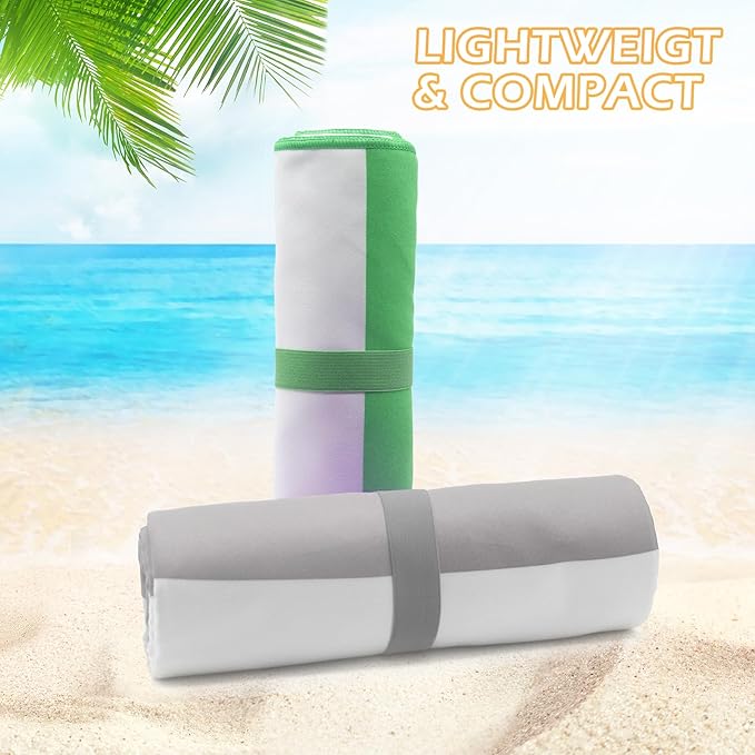 Eunzel 2 Pack Microfiber Beach Towel, Quick Dry Travel Towel Large Sand Free Towel for Beach, Camping, Swim Pool, Gym, Sports& Yoga 71"x32", Stripe Grey & Green