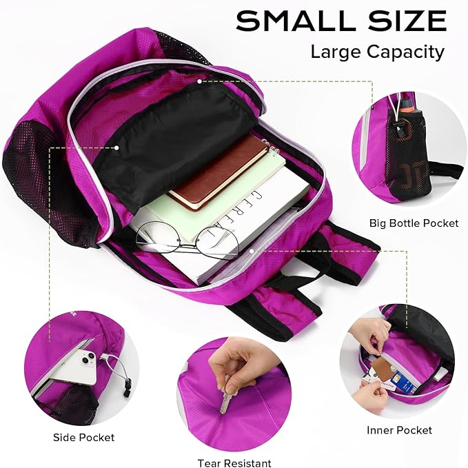 15L Highly Water-resistant Hiking Daypack, Small Backpack Travel Outdoor, Lightweight Day Pack with Tool Loops(Purple)