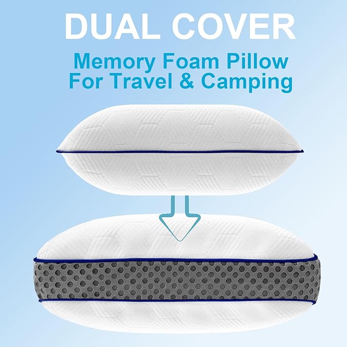 Camping Pillow Dual-Cover Memory Foam Pillows for Travel with Height Extender - 5 Layers Firm Support Small and Portable Camping Pillow for Sleeping (15'' × 9.5'',White)