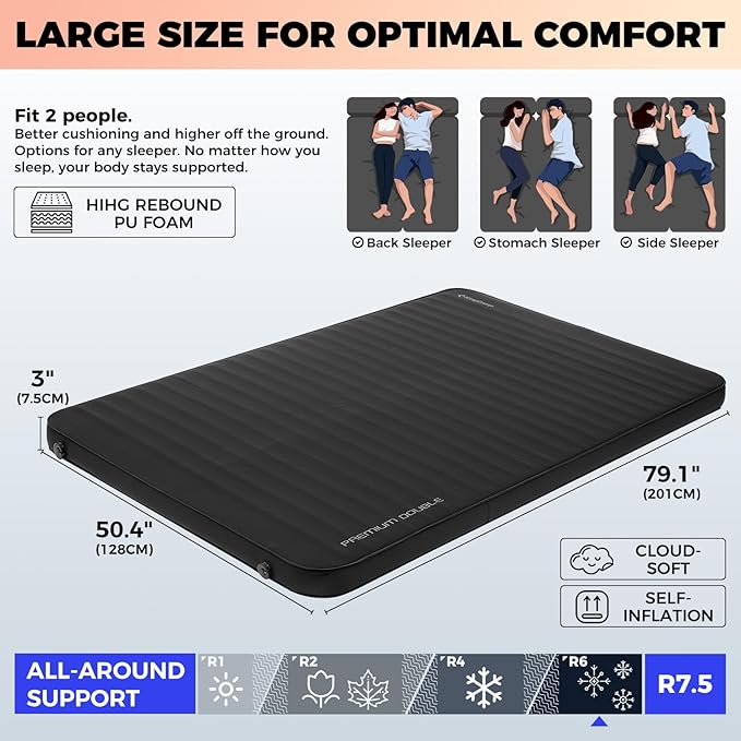 KingCamp Self Inflating Sleeping Pad for Camping Ultra Thick Double Single Foam Mattress High R Value Camping Air Pad Mat, Multi Colors & Sizes