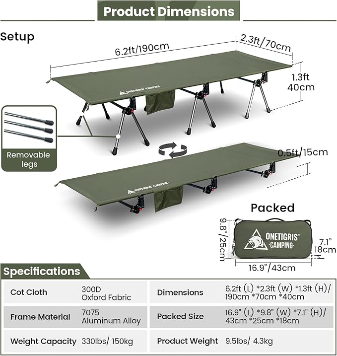 OneTigris SUPRANUBIS Camping Cot, Height Adjustable with Cot Leg Extenders, Strong Support 330lbs, Portable Folding Bed for Camping, Hiking, Travel, Truck, Beach, Office Nap (Ranger Green)