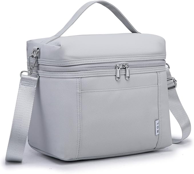 NOL Natural Organic Lifestyle Insulated Lunch Bags for Women Cooler Bag Lightweight Nylon Waterproof Lunch Box For Work (Small,Gray White)
