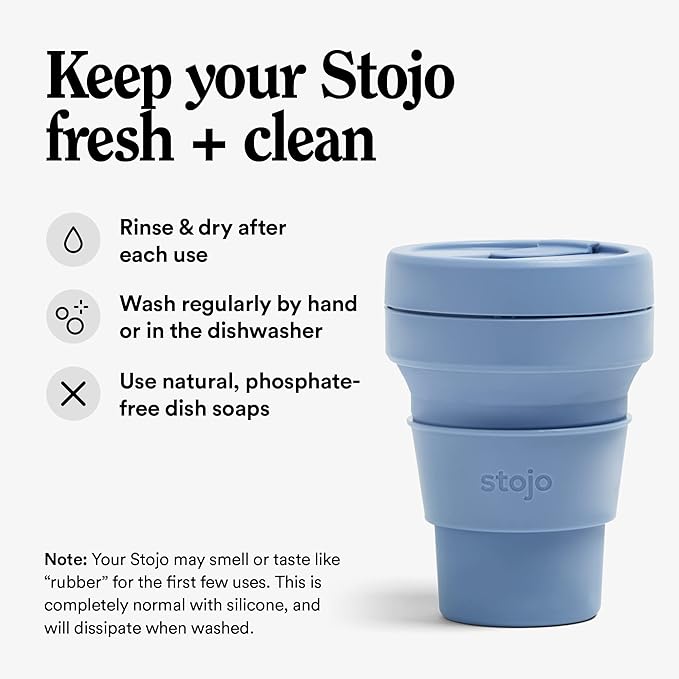 STOJO Collapsible Travel Cup - Steel Blue, 12oz / 355ml - Leak-Proof Reusable To-Go Pocket Size Silicone Bottle for Hot & Cold Drinks - Camping & Hiking - Dishwasher Safe - No Straw Included
